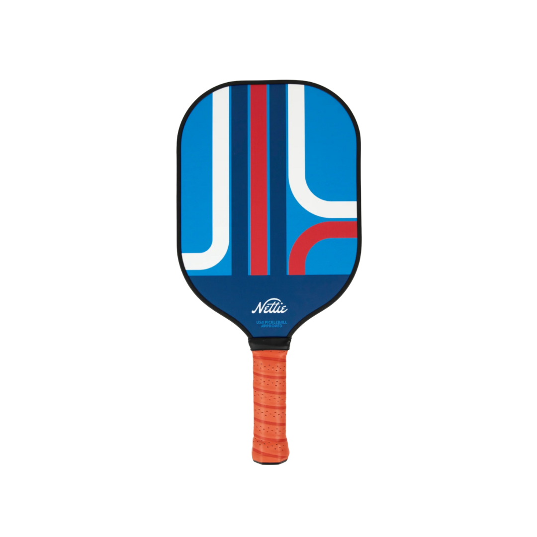 Pickleball paddle with blue and red design on a white background