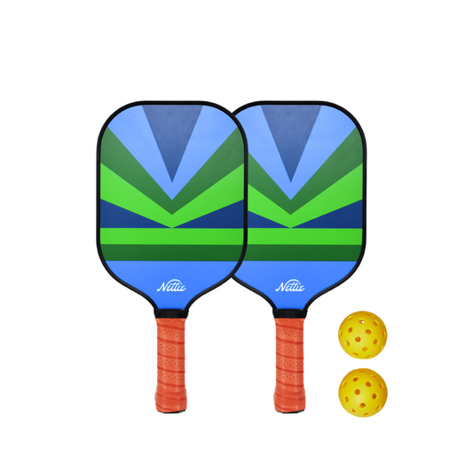 Two pickleball paddles with a colorful pattern and two yellow balls on a white background